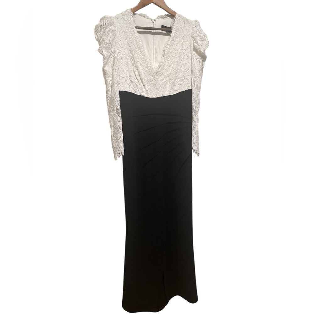 TADASHI SHOJI Ivory White Black Marshal Crepe Lace Maxi Formal Evening Gown 6 - Picture 4 of 15